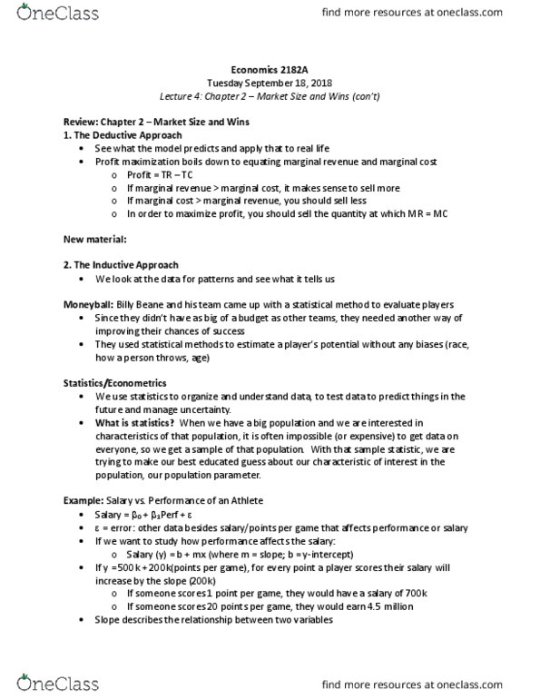 Economics 2182A/B Lecture Notes - Lecture 4: Billy Beane, Marginal Revenue, Profit Maximization thumbnail