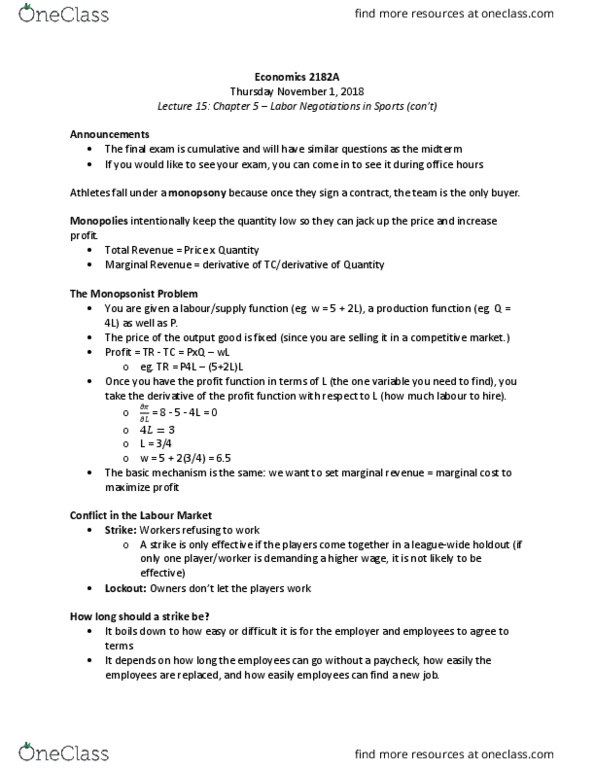 Economics 2182A/B Lecture Notes - Lecture 15: Marginal Revenue Productivity Theory Of Wages, Marginal Revenue, Monopsony thumbnail