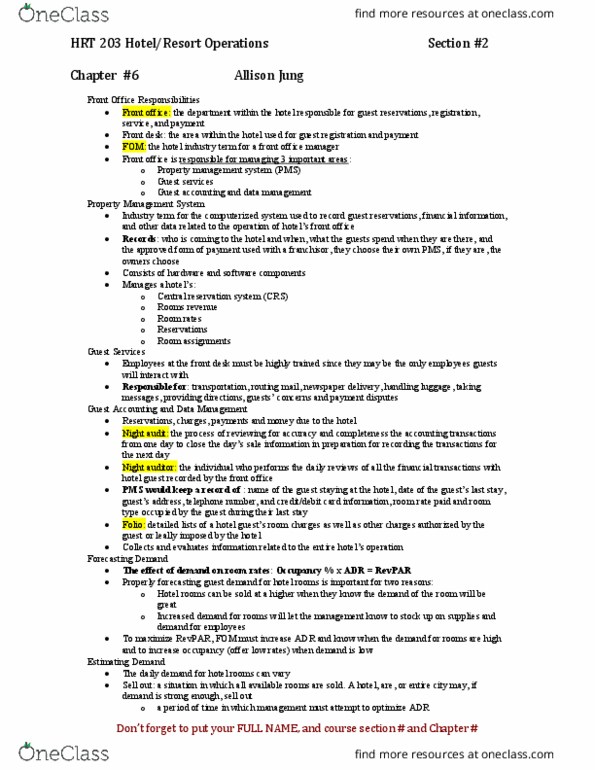 HRT 203 Lecture Notes - Lecture 6: Property Management System, Revpar, Median Strip thumbnail