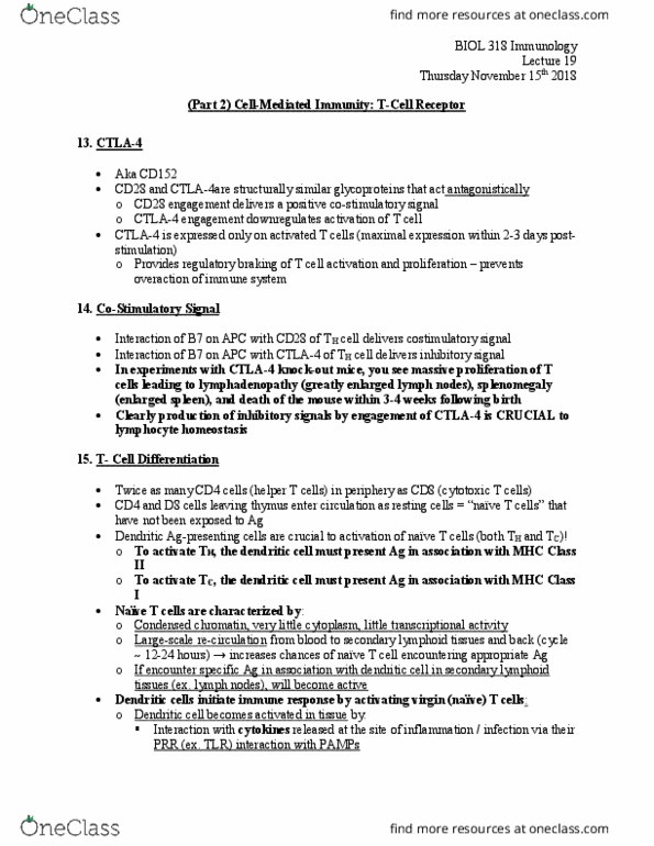 BIOL 318 Lecture Notes - Lecture 19: Lymphadenopathy, Cytotoxic T Cell, Mhc Class Ii thumbnail