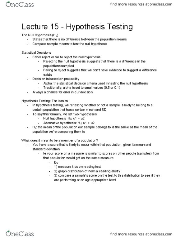 PSY 2174 Lecture Notes - Lecture 15: Null Hypothesis, Statistical Hypothesis Testing, Alternative Hypothesis thumbnail