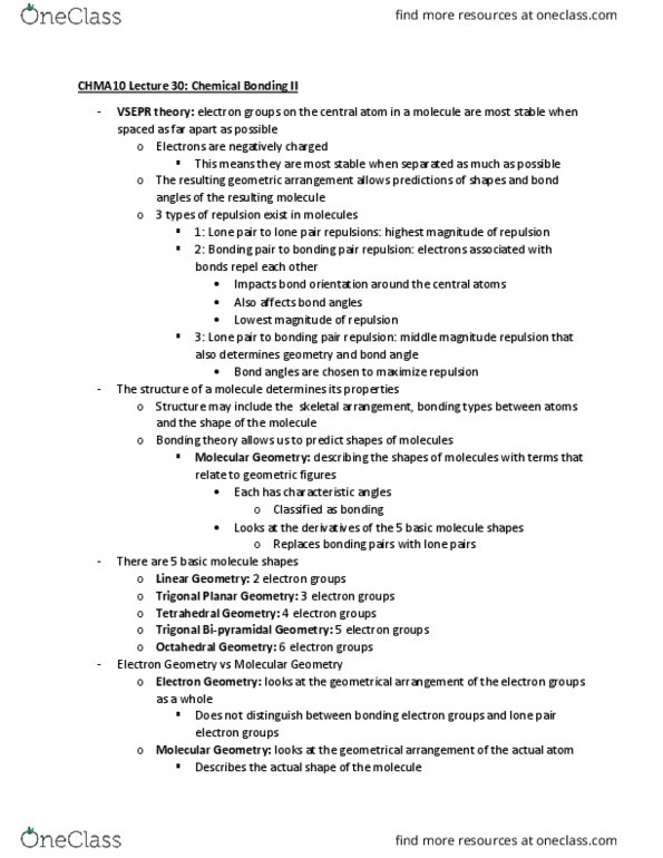 CHMA10H3 Lecture Notes - Lecture 33: Molecular Geometry, Lone Pair, Vsepr Theory cover image