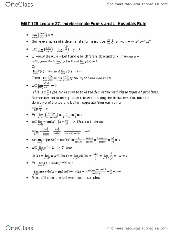 MAT 125 Lecture Notes - Lecture 37: Quotient Rule cover image