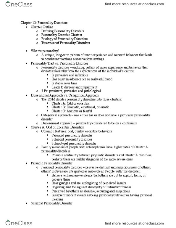 PY 358 Lecture Notes - Lecture 16: Paranoid Personality Disorder, Schizoid Personality Disorder, Schizotypal Personality Disorder thumbnail