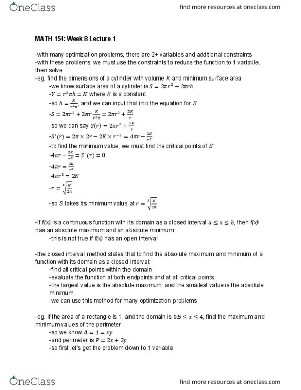 MATH 154 Lecture 21: Optimization & Closed Interval Method cover image