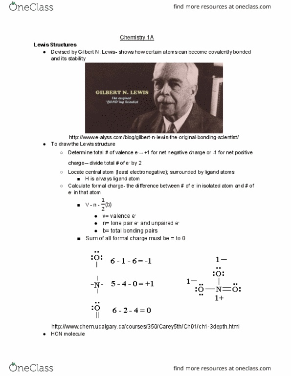 CHEM 1A Lecture Notes - Lecture 23: Lone Pair, Lewis Structure, Formal Charge thumbnail