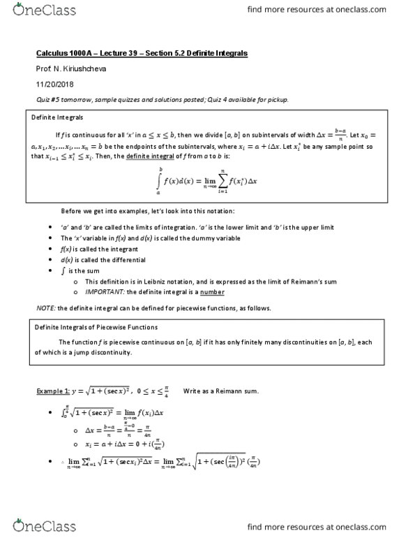 Calculus 1000A/B Lecture Notes - Lecture 39: Classification Of Discontinuities, Piecewise cover image