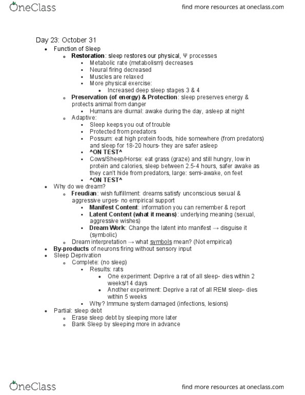 PSY-P 101 Lecture Notes - Lecture 23: Sleep Debt, Dream Interpretation, Immune System thumbnail