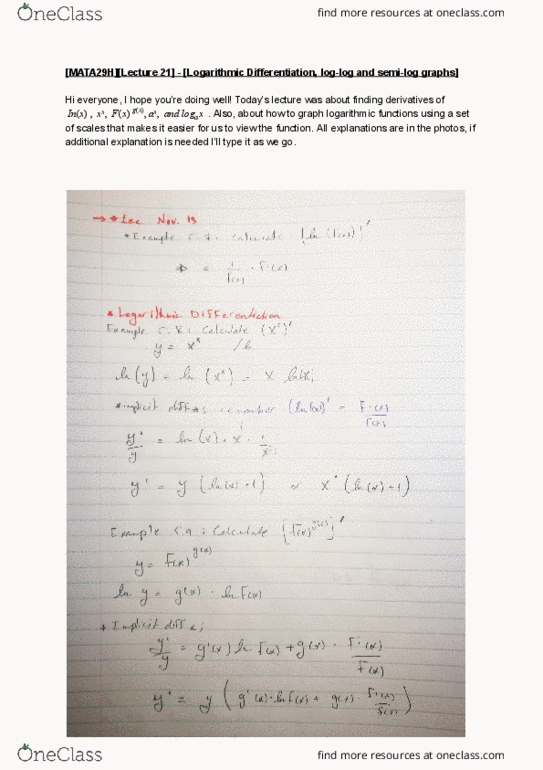 MATA29H3 Lecture 21: [MATA29H][Lecture 21] - [Logarithmic Differentiation, log-log and semi-log graphs] - Google Docs thumbnail