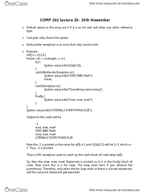 COMP 202 Lecture Notes - Lecture 23: Null Pointer, Exception Handling, Compile Time thumbnail