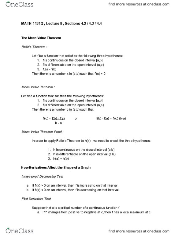 MATH 1131Q Lecture Notes - Lecture 9: Mean Value Theorem, Maxima And Minima, Inflection thumbnail