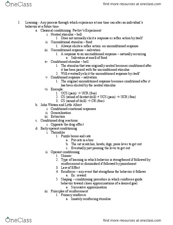 PSYCH 110 Lecture Notes - Lecture 15: Adverse Drug Reaction, Little Albert Experiment, Reinforcement thumbnail