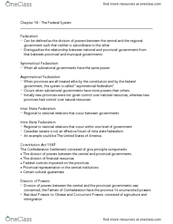 POLB50Y3 Chapter Notes - Chapter 18: Enumerated Powers, Canadian Federalism, Conditionality thumbnail