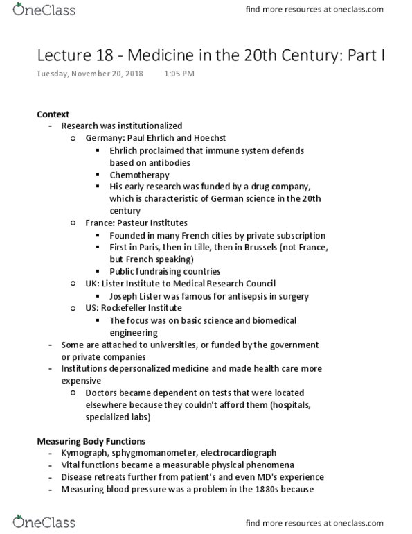 HIST 249 Lecture Notes - Lecture 18: Lister Institute Of Preventive Medicine, Pasteur Institute, Kymograph thumbnail