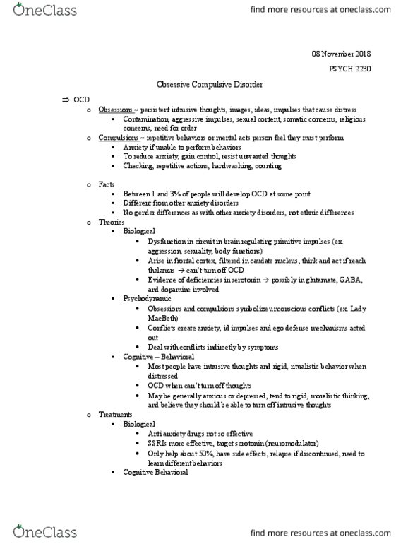 PSYC 2230 Lecture Notes - Lecture 18: Hand Washing, Obsessive–Compulsive Disorder, Caudate Nucleus thumbnail