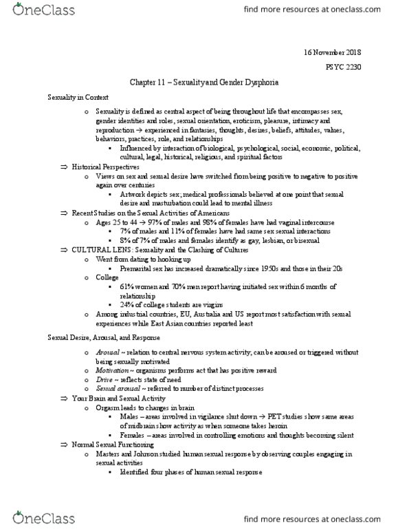 PSYC 2230 Chapter Notes - Chapter 11: Gender Dysphoria, Premarital Sex, Sexual Arousal thumbnail