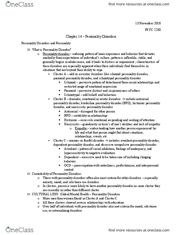 PSYC 2230 Chapter Notes - Chapter 14: Obsessive–Compulsive Personality Disorder, Dependent Personality Disorder, Avoidant Personality Disorder thumbnail