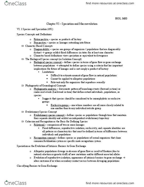 BIOL 3600 Chapter Notes - Chapter VI: Macroevolution, Species Problem, Reproductive Isolation thumbnail