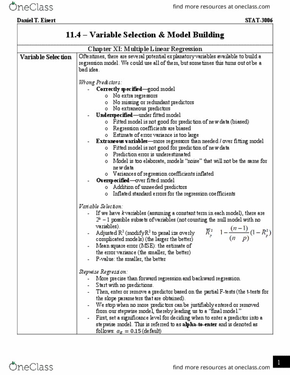 STAT 3006 Lecture Notes - Lecture 24: Mean Squared Error, Stepwise Regression, Feature Selection thumbnail