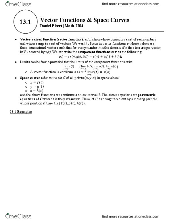 MATH 2204 Lecture 21: MATH-2204 - 13-1 - Vector Functions and Space Curves thumbnail