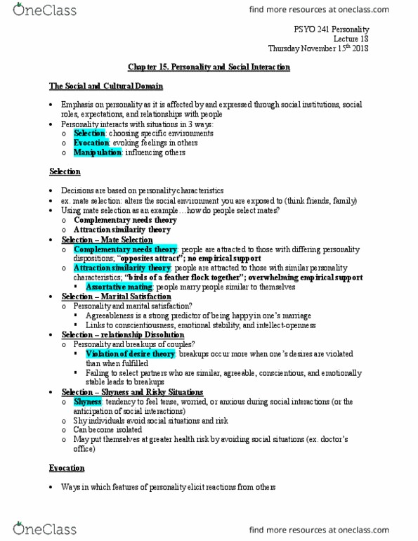 PSYO 241 Lecture Notes - Lecture 18: Assortative Mating, Shyness, Agreeableness thumbnail