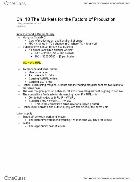 ECON 2010 Lecture Notes - Lecture 36: Farmer Jack, Marginal Cost, Marginal Product cover image