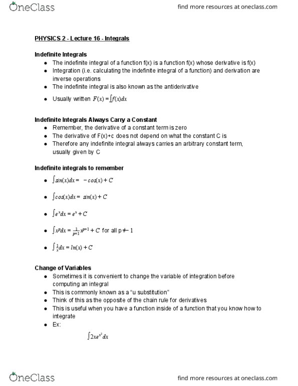 PHYSICS 2 Lecture Notes - Lecture 16: Antiderivative, Projectile Motion, Inter-Active Terminology For Europe cover image