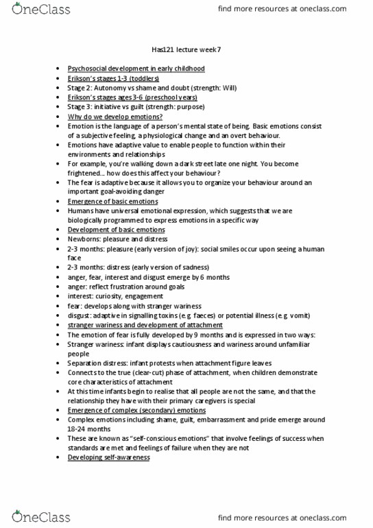 HAS121 Lecture Notes - Lecture 7: Emotion Classification, 18 Months, Abecedarian Early Intervention Project thumbnail