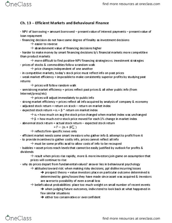 BUS 312 Chapter Notes - Chapter 13: Efficient-Market Hypothesis, Prospect Theory, Net Present Value thumbnail