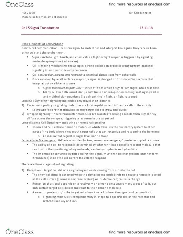 HSS 2305 Lecture Notes - Lecture 12: Signal Transduction, Paracrine Signalling, Quorum Sensing thumbnail