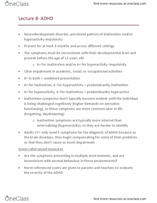 PSYC 4460 Lecture Notes - Lecture 8: Attention Deficit Hyperactivity Disorder, Behavioral Activation, Dopamine Transporter thumbnail