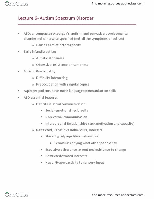 PSYC 4460 Lecture Notes - Lecture 6: Pervasive Developmental Disorder, Asperger Syndrome, Nonverbal Communication thumbnail