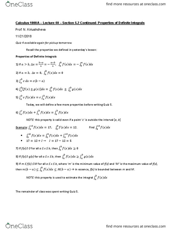 Calculus 1000A/B Lecture 40: Calculus 1000 A -Lecture 40- Section 5.2 Continued- Properties of Definite Integrals cover image