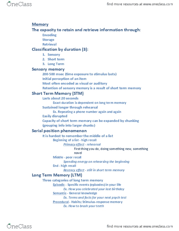 PSYC 1101 Lecture Notes - Anterograde Amnesia, Confabulation, Retrograde Amnesia thumbnail