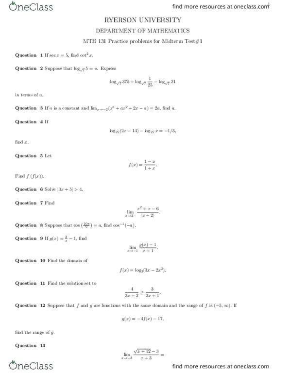 MTH 131 Study Guide - Fall 2018, Midterm - Partition Coefficient 