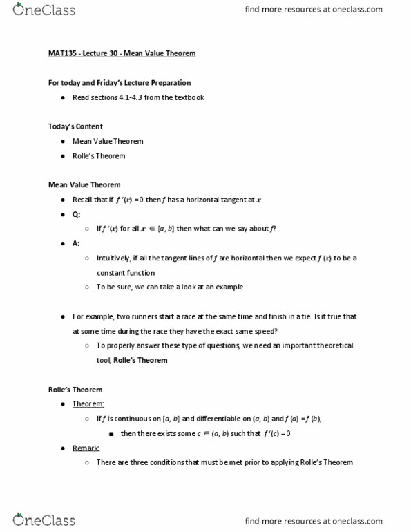 MAT135H1 Lecture Notes - Lecture 30: Mean Value Theorem, Constant Function cover image