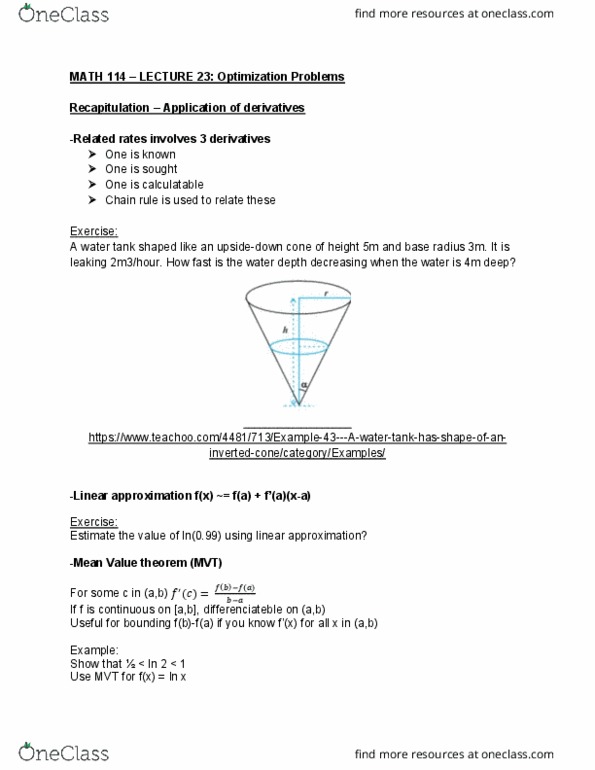 MATH114 Lecture Notes - Lecture 23: Linear Approximation, Related Rates, Chain Rule cover image