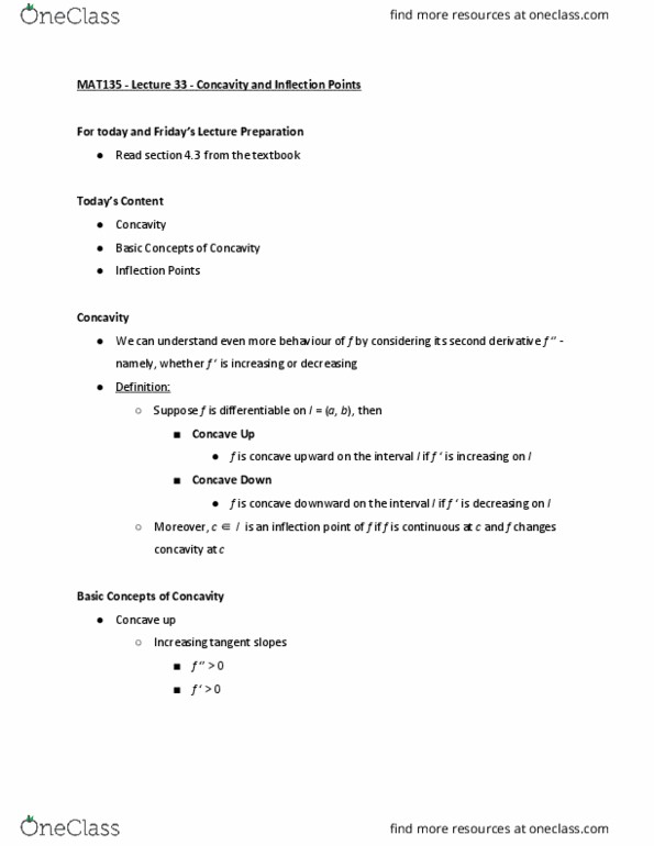 MAT135H1 Lecture Notes - Lecture 33: Inflection Point, Inflection thumbnail
