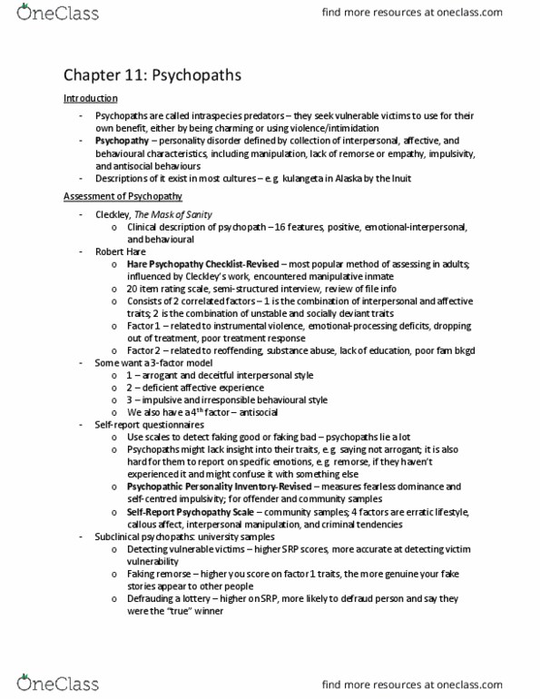 PSYC39H3 Chapter Notes - Chapter 11: Psychopathy Checklist, Psychopathic Personality Inventory, Antisocial Personality Disorder thumbnail
