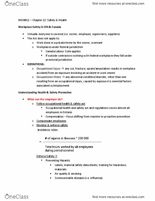 MGHB12H3 Lecture Notes - Lecture 11: Safety Data Sheet, Canada Labour Code, Occupational Safety And Health thumbnail