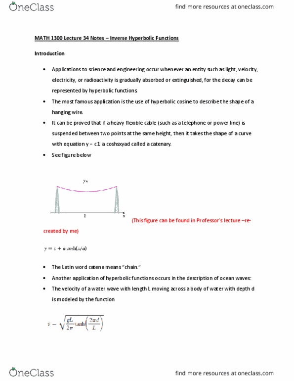 MATH 1300 Lecture Notes - Lecture 34: Inverse Hyperbolic Function, Hyperbolic Function, Wind Wave cover image