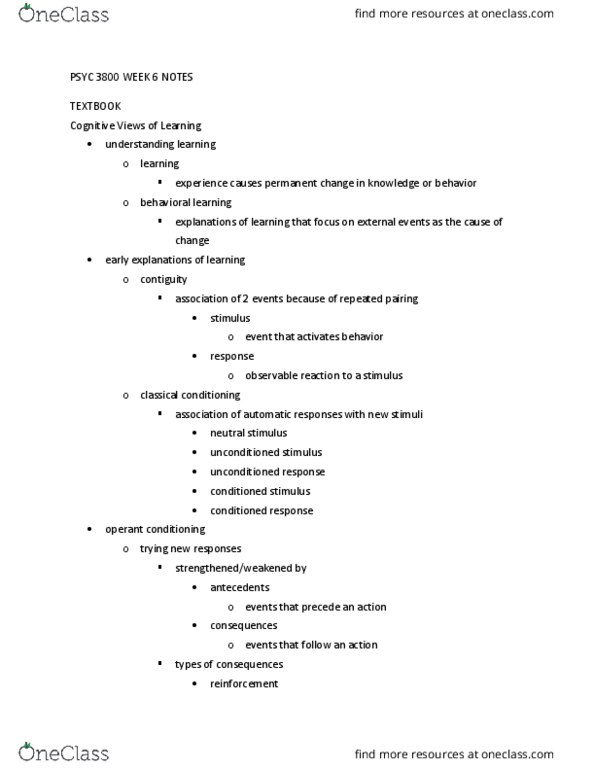 PSYC 3800 Lecture Notes - Lecture 6: Classical Conditioning, Observational Learning, Operant Conditioning thumbnail