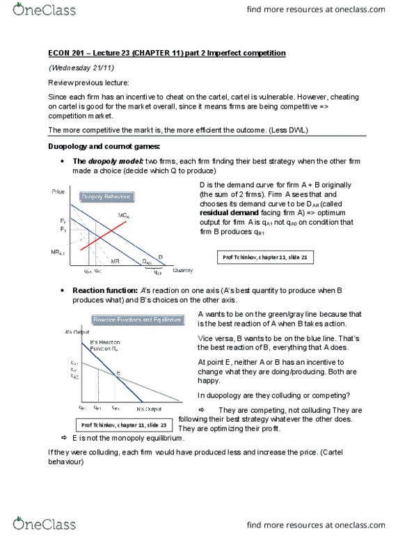 ECON 201 Lecture Notes - Lecture 23: Imperfect Competition, Best Response, Demand Curve cover image