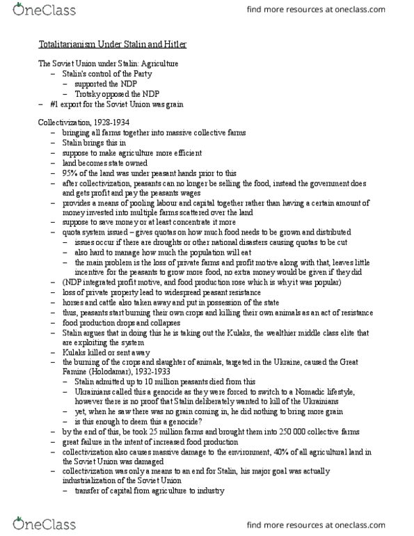 HIST 1115 Lecture Notes - Lecture 18: Kulak, Totalitarianism, List Of Internet Phenomena thumbnail