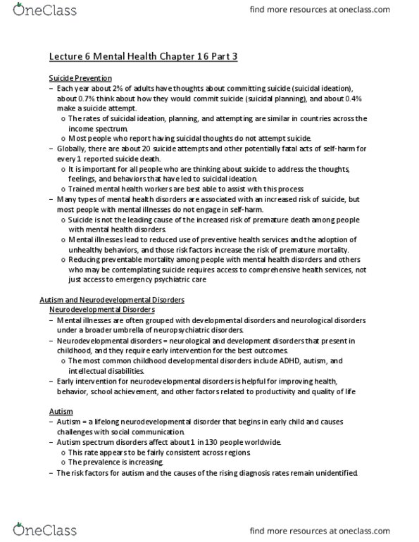 HSS 3105 Lecture Notes - Lecture 19: Suicidal Ideation, Neurodevelopmental Disorder, Intellectual Disability thumbnail