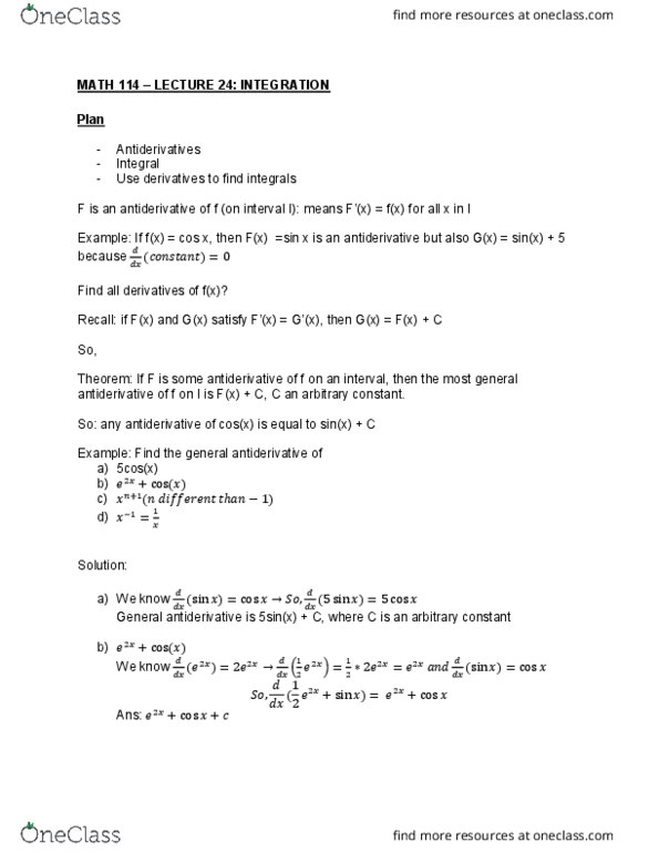 MATH114 Lecture Notes - Lecture 24: Antiderivative cover image