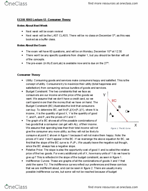ECON 1B03 Lecture Notes - Lecture 12: Budget Constraint, Indifference Curve, Opportunity Cost thumbnail