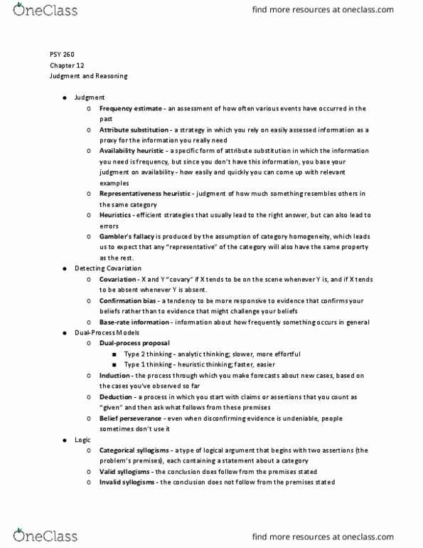 PSY 260 Chapter Notes - Chapter 12: Attribute Substitution, Availability Heuristic, Representativeness Heuristic thumbnail