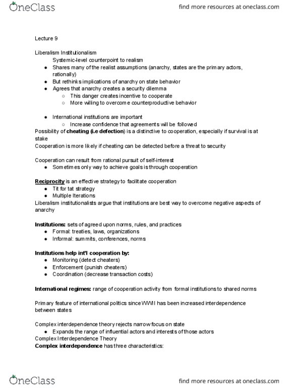 PSC 116G Lecture Notes - Lecture 9: Complex Interdependence, Security Dilemma, Counterpoint thumbnail