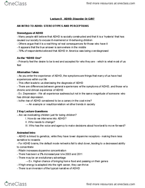 Disability Studies 1010A/B Lecture Notes - Lecture 8: Major Depressive Disorder, Overdiagnosis, Methylphenidate thumbnail